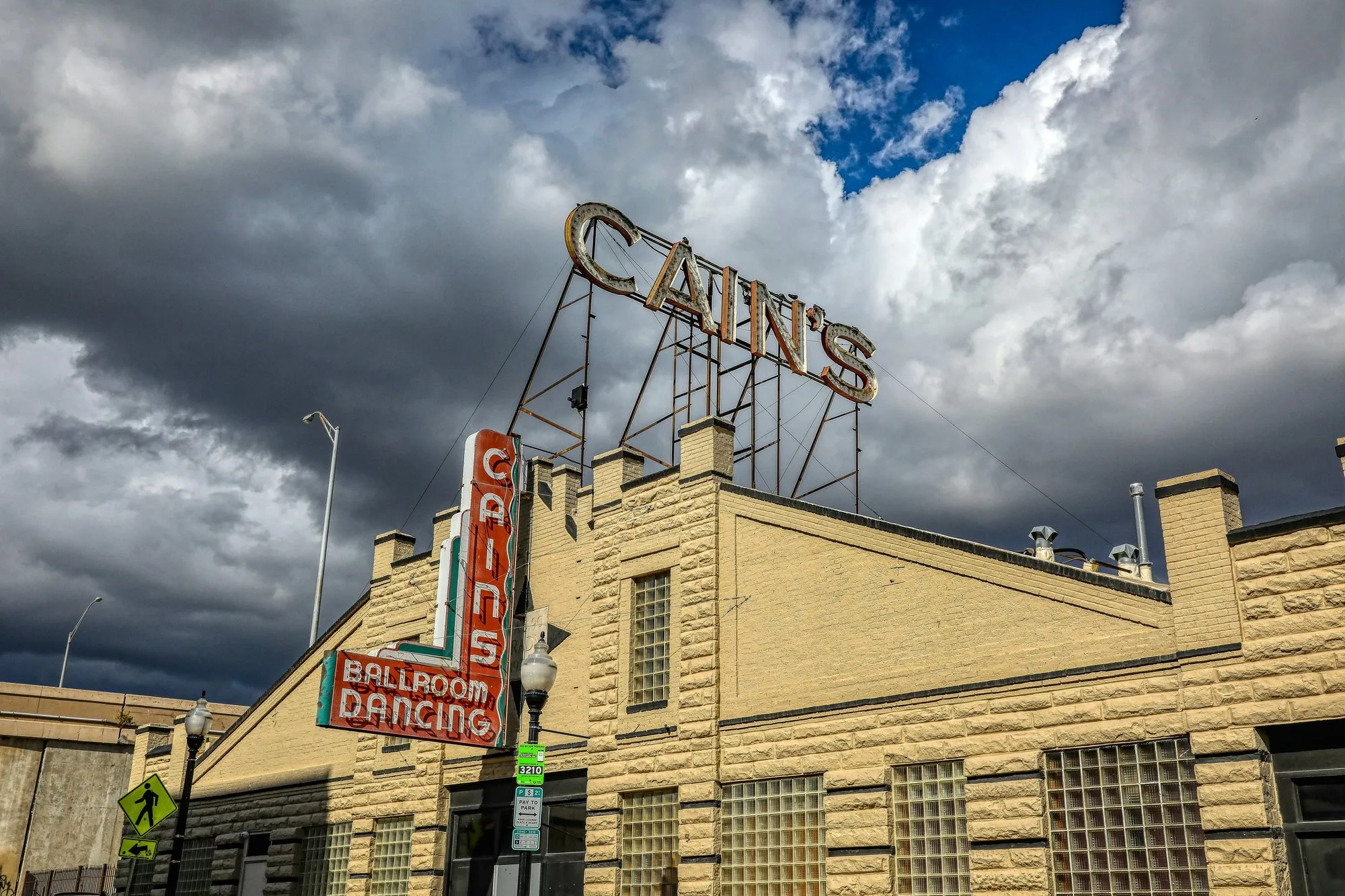 Cain's Ballroom with its rooftop letters and vertical neon sign
